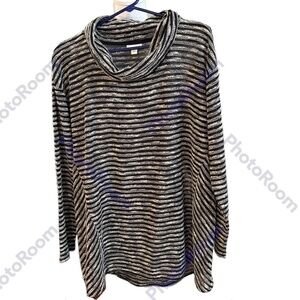 J. Jill Textured Lightweight Black & Cream Striped Cowl Neck Tunic Sweate…